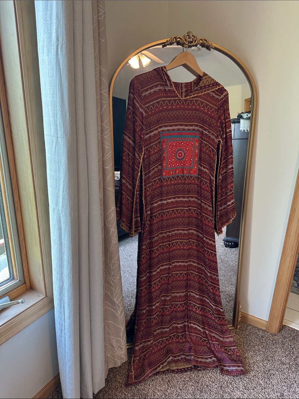 Bohemian Maroon Maxi Dress with Embroidered Front Panel